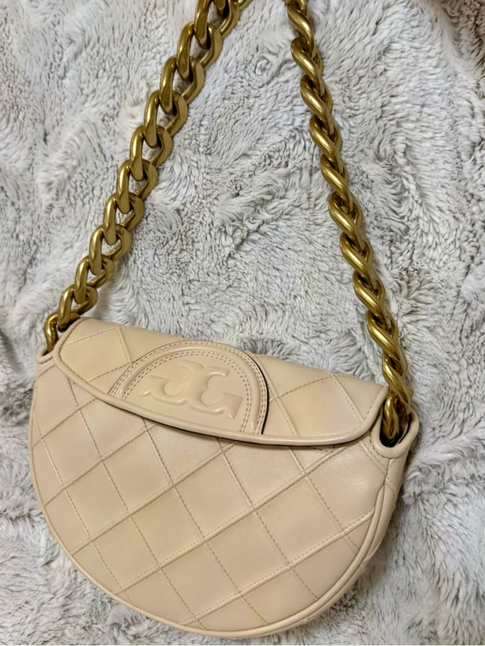 Tory Burch Cream Mini Fleming Crescent Bag with Gold Chain - Picture 17 of 17